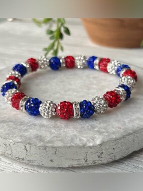 Sparkling Red, White & Blue Crystal Bead Bracelet 7 inch Patriotic Bracelet